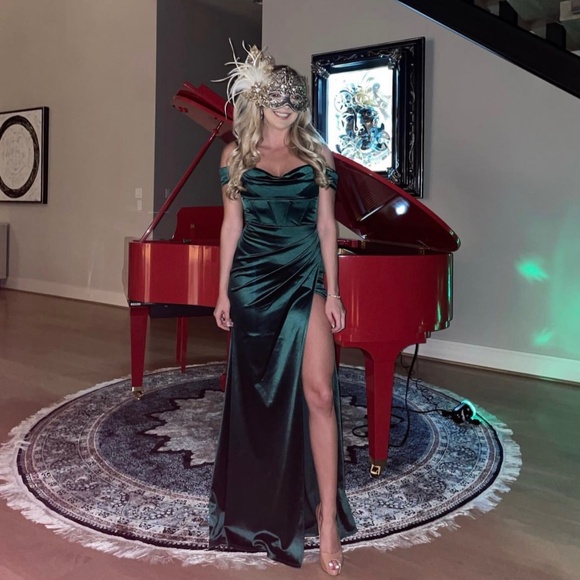 macy's emerald green formal dress Macy Lace Up Slim Glitter Satin Formal Dress main image 0